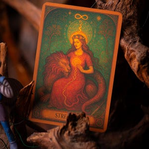 Pu&ograve; includere: Una carta dei tarocchi raffigurante una donna in abito rosso con un leone. La carta ha un bordo arancione e uno sfondo verde con alberi e simboli. La parola "STRENGTH" &egrave; in basso.