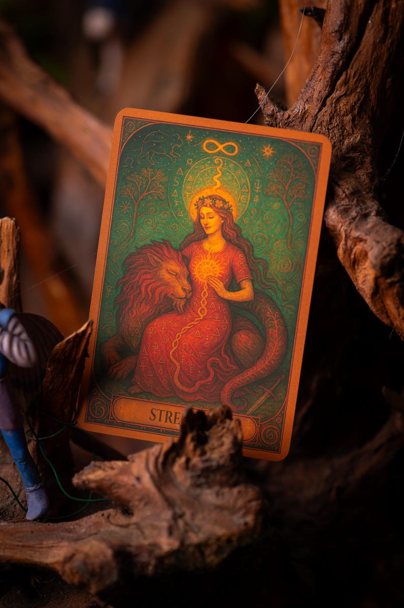 Pu&ograve; includere: Una carta dei tarocchi raffigurante una donna in abito rosso con un leone. La carta ha un bordo arancione e uno sfondo verde con alberi e simboli. La parola "STRENGTH" &egrave; in basso.