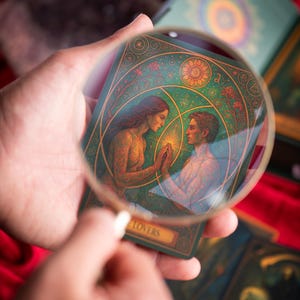 Pu&ograve; includere: Una carta dei tarocchi raffigurante due figure che si tengono per mano, vista attraverso una lente d'ingrandimento. La carta ha uno sfondo verde con dettagli dorati e la parola "LOVERS" in basso. Altre carte dei tarocchi e una scatola sono sullo sfondo.