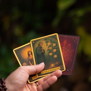 Pu&ograve; includere: Tre carte dei tarocchi sono tenute in mano, con bordi dorati e illustrazioni dettagliate. La carta centrale recita "Seven of Pentacles", raffigurante una figura e un albero con monete. Le altre carte mostrano figure e simboli aggiuntivi.