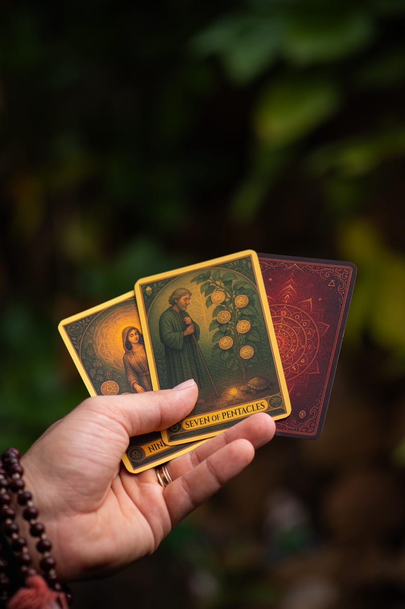 Pu&ograve; includere: Tre carte dei tarocchi sono tenute in mano, con bordi dorati e illustrazioni dettagliate. La carta centrale recita "Seven of Pentacles", raffigurante una figura e un albero con monete. Le altre carte mostrano figure e simboli aggiuntivi.