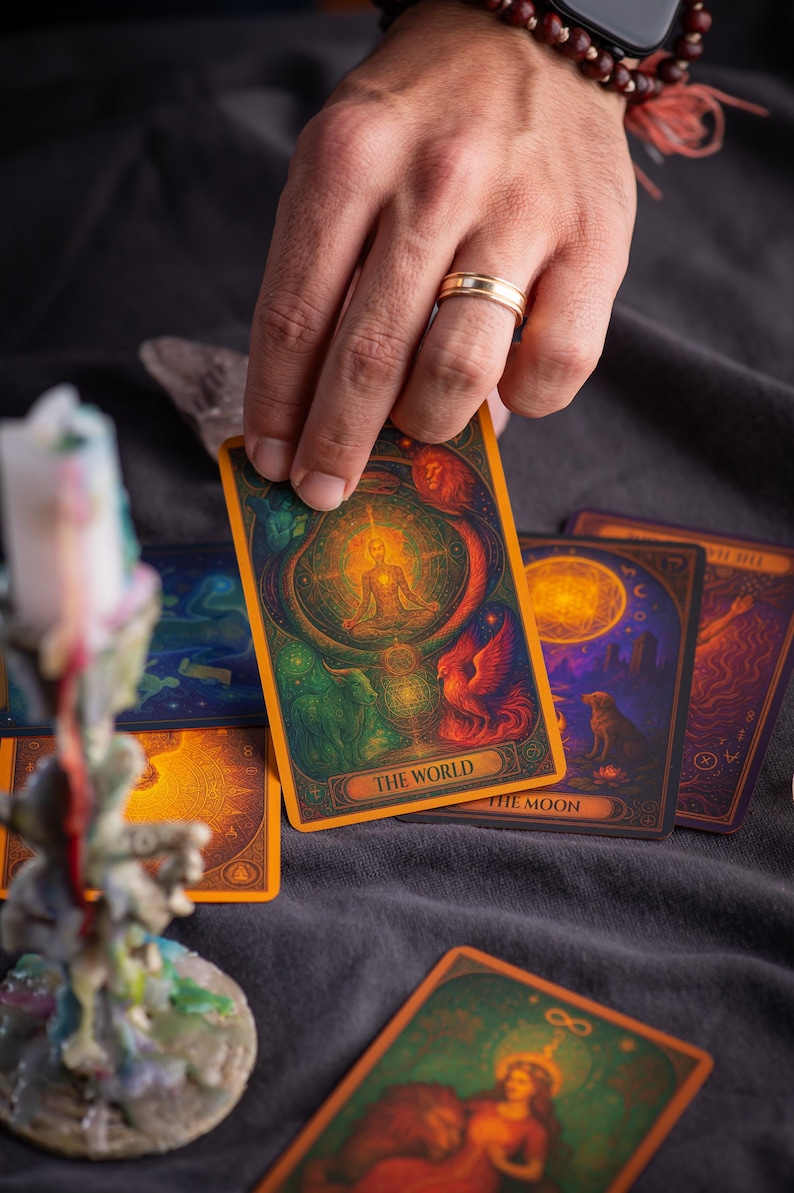 Pu&ograve; includere: Una mano che tiene una carta dei tarocchi con la scritta "THE WORLD" con un'illustrazione dettagliata di una figura in meditazione. Sono visibili altre carte con immagini celesti e simboliche, che suggeriscono un tema di divinazione.