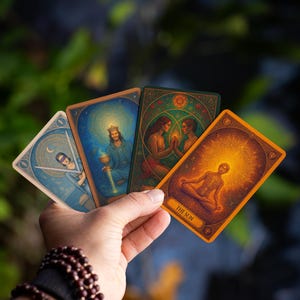 Pu&ograve; includere: Una mano tiene quattro carte dei tarocchi con illustrazioni colorate. Le carte presentano figure, corpi celesti e disegni simbolici. La carta in primo piano recita "THE SUN". Lo sfondo &egrave; sfocato con fogliame verde.