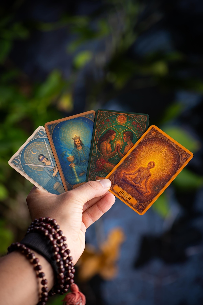 Pu&ograve; includere: Una mano tiene quattro carte dei tarocchi con illustrazioni colorate. Le carte presentano figure, corpi celesti e disegni simbolici. La carta in primo piano recita "THE SUN". Lo sfondo &egrave; sfocato con fogliame verde.