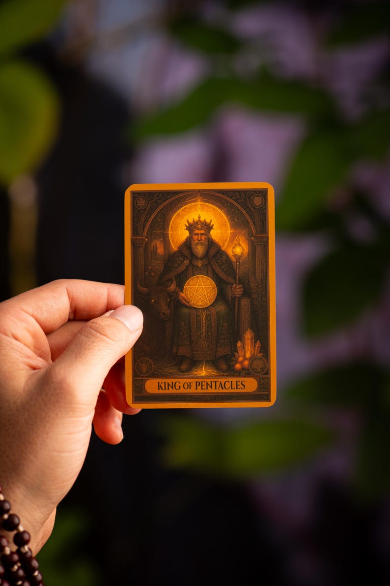 Pu&ograve; includere: Una carta dei tarocchi raffigurante il Re di Denari. La carta ha un bordo arancione e raffigura un re con una corona, che tiene un pentacolo d'oro. La carta &egrave; tenuta in mano su uno sfondo sfocato.