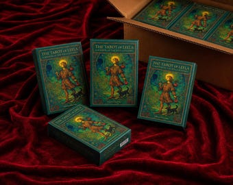 Può includere: Diversi mazzi di carte dei tarocchi rettangolari intitolati The Tarot of Leela: A Mirror of the Soul's Journey. Ogni scatola verde scuro presenta una figura con un'aureola dorata che porta un bastone e un cagnolino, su uno sfondo dettagliato e mistico.