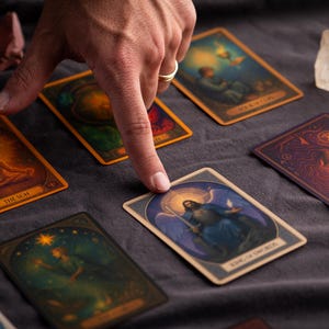 Pu&ograve; includere: Un gruppo di carte dei tarocchi con varie illustrazioni e testo, tra cui "The Sun" e "King of Swords". Le carte sono disposte su una superficie grigio scuro, con una mano che indica una carta. Sono presenti anche cristalli e rocce.