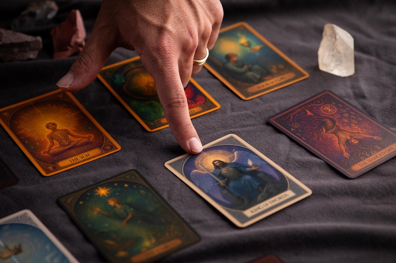 Pu&ograve; includere: Un gruppo di carte dei tarocchi con varie illustrazioni e testo, tra cui "The Sun" e "King of Swords". Le carte sono disposte su una superficie grigio scuro, con una mano che indica una carta. Sono presenti anche cristalli e rocce.