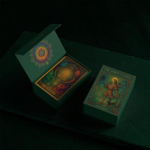 Pu&ograve; includere: Una scatola verde di carte dei tarocchi con il titolo "The Tarot of Leela" e una scatola aperta abbinata con carte. La scatola aperta rivela una carta con la parola "The World". Le scatole hanno dettagli e illustrazioni dorate.