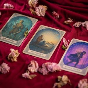 Pu&ograve; includere: Tre carte dei tarocchi con illustrazioni e testo su una superficie di velluto rosso, circondate da fiori secchi. Le carte sono etichettate come "Five of Swords", "Six of Swords" e "Seven of Swords", ognuna raffigurante figure con spade.