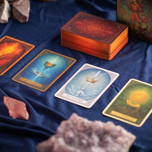 Pu&ograve; includere: Un mazzo di carte dei tarocchi con quattro carte esposte, con illustrazioni colorate e dettagli dorati. La scatola del mazzo &egrave; rosso scuro con disegni dorati. Le carte sono disposte su un tessuto blu scuro, con cristalli in primo piano.
