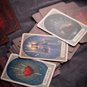 Pu&ograve; includere: Un mazzo di carte dei tarocchi con illustrazioni dettagliate. Le carte presentano immagini di una regina, spade e un cuore trafitto da spade. Le carte sono su una superficie scura, con altre carte visibili sullo sfondo.