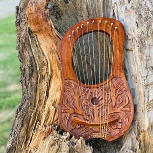 Può includere: Una lira in legno fatta a mano con un design floreale intagliato. Lo strumento presenta 10 corde ed è realizzato in un ricco legno marrone-rossastro. La lira è appoggiata a un tronco d'albero stagionato, mostrando la sua bellezza naturale.