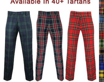 Pantalones de tartán para hombre, hechos a medida, pantalones de tartán escocés de las Tierras Altas, pantalones a cuadros hechos a mano para bodas, pantalones de golf disponibles en más de 40 tartanes.