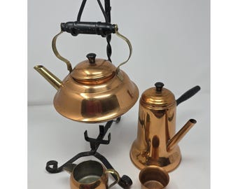 Juego de té y café Coppercraft Guild Vintage con bandeja de cobre y soporte de hierro forjado, 6 piezas.
