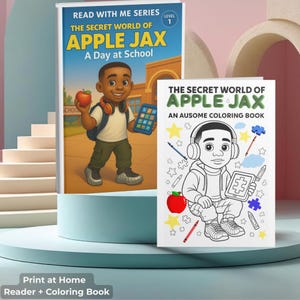 May include: Two children's books are displayed. The first book, "The Secret World of Apple Jax: A Day at School," features a cartoon boy holding an apple and tablet. The second book is a coloring book with the title "The Secret World of Apple Jax: An Ausome Coloring Book."