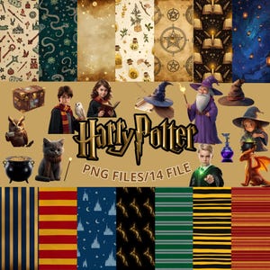 Puede incluir: Una colección de arte digital con temas de Harry Potter. Incluye ilustraciones de personajes, objetos mágicos y fondos estampados. También se ve el texto "Harry Potter" y "PNG FILES/14 FILE".