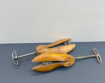 Two (2) Antique Wood Adjustable Shoe Tree Stretchers | Wood | Metal Rod