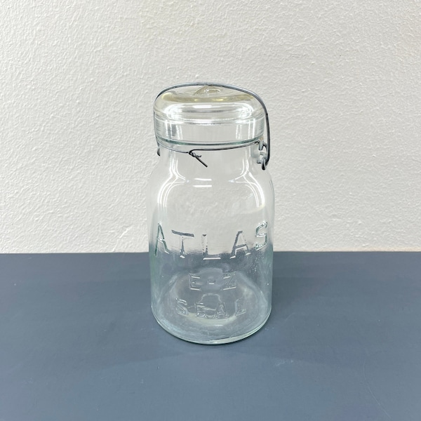 Vintage E-Z Seal Atlas Quart Canning Jar with Metal Clamp Closure & Glass Lid