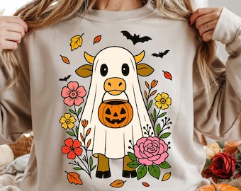 Cute Cow Ghost with Pumpkin Bucket Halloween Digital Download | Spooky Farm Animal PNG, Autumn Clipart, Sublimation Design