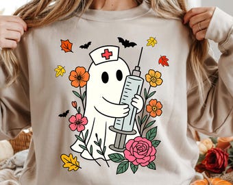 Nurse Ghost with Syringe Halloween Digital Download | Cute Medical PNG, Spooky Autumn Clipart, Sublimation Design