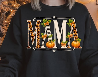 Mamá PNG Otoño Leopardo Calabaza Lazo Sublimación Diseño Otoño Rayado Letras Descarga Digital Temporada Acogedora Mamá Vida Camiseta Arte Gráfico