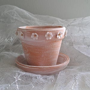 Puede incluir: Una maceta de terracota con un platillo a juego. La maceta está decorada con pequeños acentos de flores blancas tridimensionales alrededor del borde. La maceta tiene un aspecto envejecido y desgastado con pintura blanca.