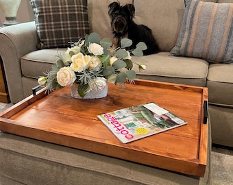 Solid Wood Ottoman Tray with Handles | Farmhouse Coffee Table Serving Tray