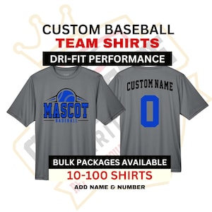 May include: Two gray baseball team shirts. One shirt features a blue and white baseball mascot design. The other shirt has a custom name and the number 0 in blue. Text on the image reads: "CUSTOM BASEBALL TEAM SHIRTS" and "DRI-FIT PERFORMANCE."