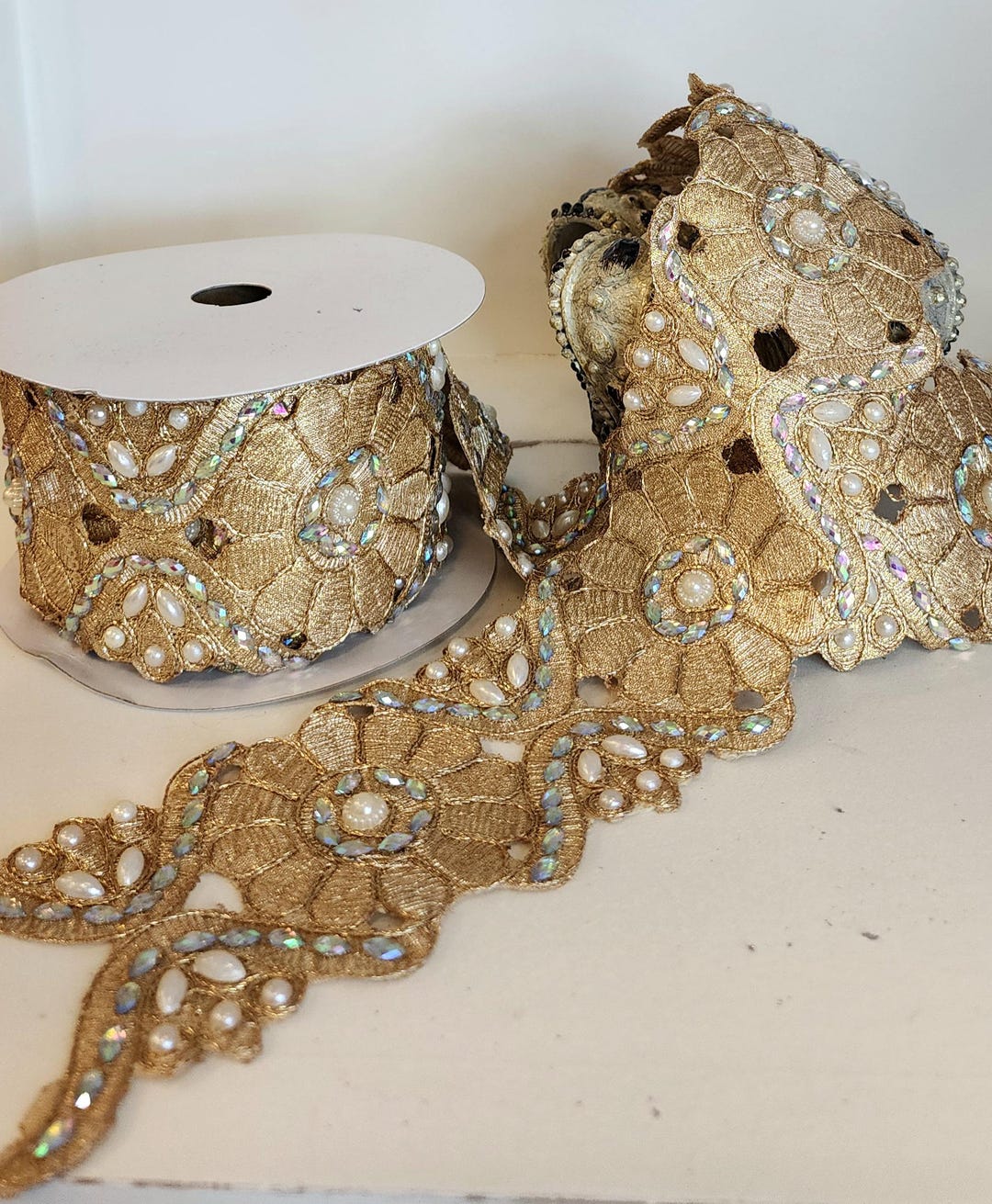 Wow Ribbon Gold Embroidered Pearl Ribbon: Luxe Floral Trim, 2.8