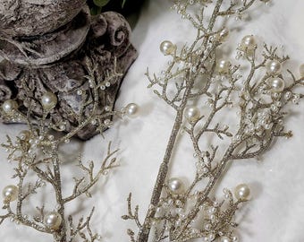 Glitter Pearl Stem, Champagne Platinum Floral Spray, 26"