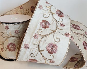 Spring Cream Floral Dupion Embroidered Wired Ribbon