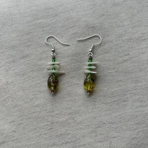Handmade, Earrings, quirky, fun, green, glass beads, shell, queer, jewelry