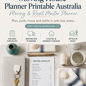 Könnte beinhalten: Ein digitaler Umzugsplaner zum Ausdrucken mit dem Text Drift & Dwell Designs, Moving House Planner Printable Australia, Moving & Reset Master Planner und einer Umzugs-Checkliste. Enthält Symbole für Packen, Umzugstag, Versorgungsunternehmen und Einzug.