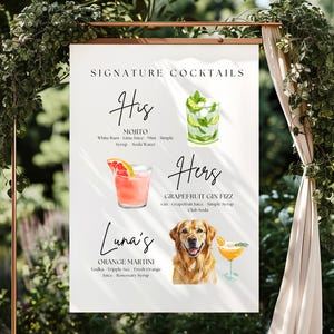 May include: A sign with "Signature Cocktails" displayed, featuring illustrations of cocktails and their ingredients. The sign includes "His" with a Mojito, "Hers" with a Grapefruit Gin Fizz, and "Luna's" with an Orange Martini.