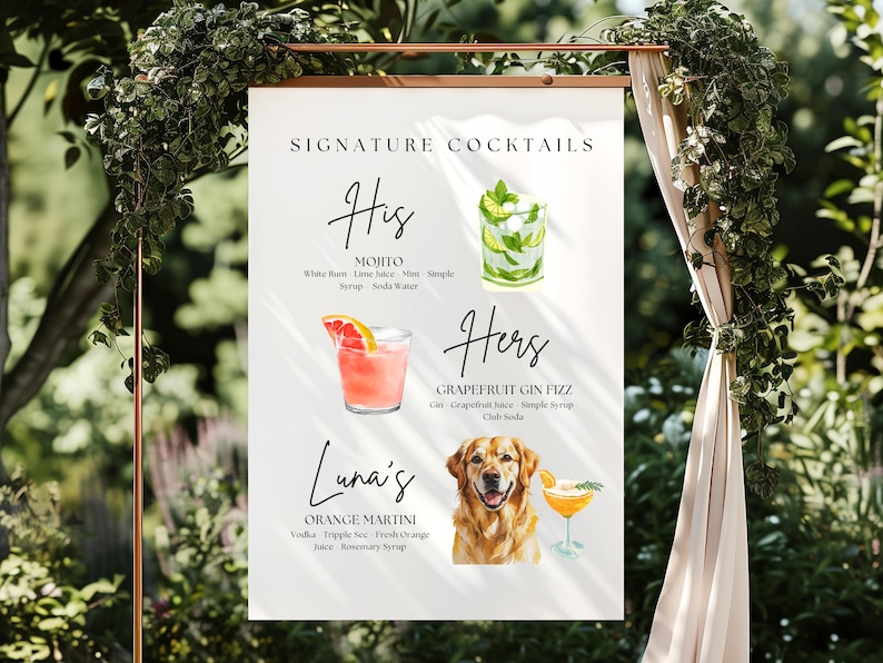 May include: A sign with "Signature Cocktails" displayed, featuring illustrations of cocktails and their ingredients. The sign includes "His" with a Mojito, "Hers" with a Grapefruit Gin Fizz, and "Luna's" with an Orange Martini.