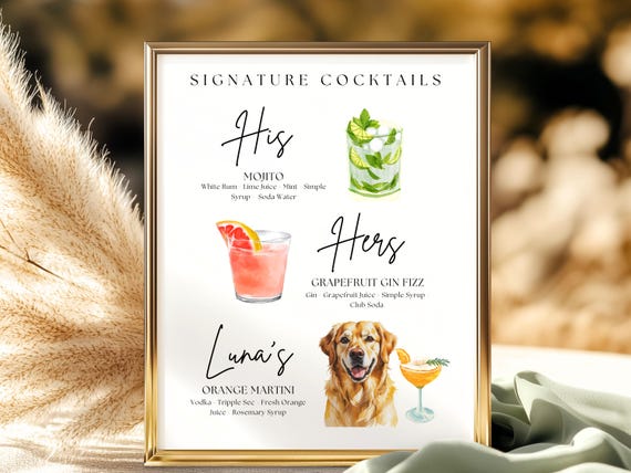 His and Hers Drink Sign, Dog Signature Drink Sign, Signature Drink Menu with Dog, Dog Signature Cocktail Sign, Minimalist Wedding Bar Sign