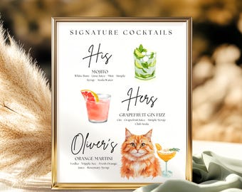 His and Hers Drink Sign, Cat Signature Drink Sign, Signature Drink Menu Cat, Dog Signature Cocktail Sign, Minimalist Wedding Bar Sign