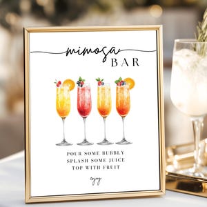 May include: A framed sign with the words "mimosa bar" in elegant script. Below, four watercolor mimosa glasses are displayed, each with a different fruit garnish. The text below reads "Pour some bubbly, splash some juice, top with fruit."