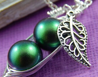 Two Green Peas in a Pod Necklace,Pea Pod Necklace, Pea Pod Jewellery