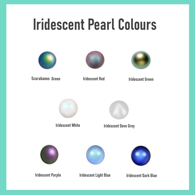 May include: An image showcasing a variety of iridescent pearl colors. The image displays nine pearls in different hues, including Scarabaeus Green, Iridescent Red, Iridescent Green, Iridescent White, Iridescent Dove Grey, Iridescent Purple, Iridescent Light Blue, and Iridescent Dark Blue.