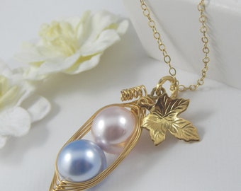 Two Peas in a Pod Necklace,2 Peas in A Pod Necklace Pink and Blue Gold Vine and Leaf,Boy and Girl Pea Pod Necklace,Choose Your Colour Pearls