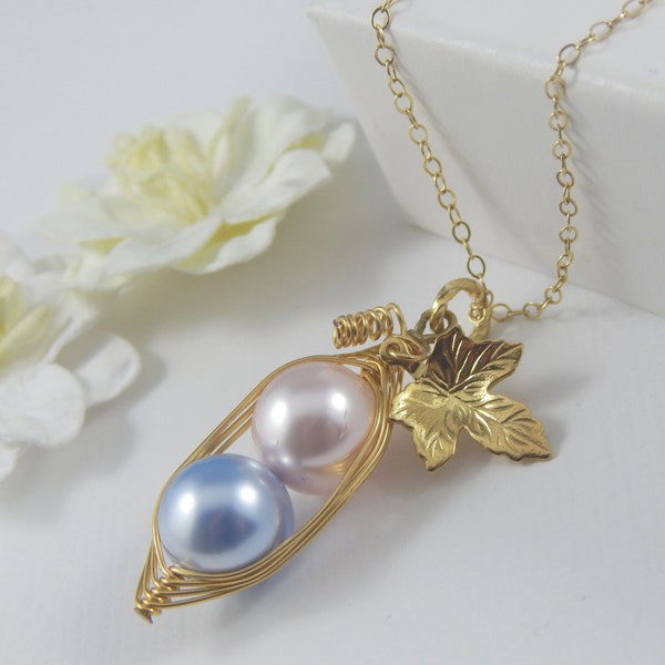 Two Peas in a Pod Necklace,2 Peas in A Pod Necklace Pink and Blue Gold Vine and Leaf,Boy and Girl Pea Pod Necklace,Choose Your Colour Pearls