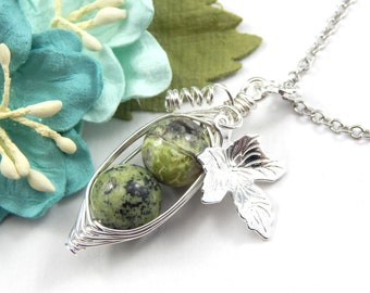 Peas in a Pod Necklace,Two Peas in a Pod Necklace,Gemstone Two Peas in a Pod Necklace,Chrysoprase Pea Pod Necklace,Sisters Necklace