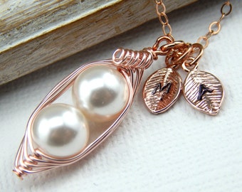 Two Peas In A Pod Necklace,Rose Gold Peapod Necklace,Mothers Necklace,Grandmother Necklace,Custom Initials,Choose Your Color Pearls