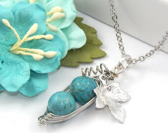 2 Peas in a Pod Turquoise Necklace,Two Peas in a Pod Gemstone Necklace,Birthstone Pea pod Necklace,December Birthday Gift
