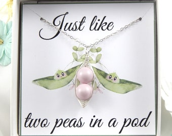 Peas in a Pod Necklace,Two Pink Peas In A Pod Necklace,Twin Girls Pea Pod Necklace,Sisters Pea Pod Necklace,Best Friends Pea Pod Necklace