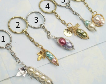 Peas in a Pod Keychain, Choose your Style, Pearl Color, and Metal Color,  2,3, or 4 peas