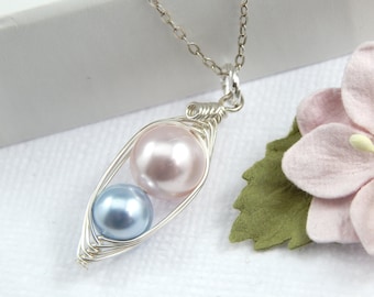 Mother and Child Pea Pod Necklace,Mother and Son peas in a pod Necklace, two Peas in a Pod Necklace,Pick your color Pearls, mothers necklace