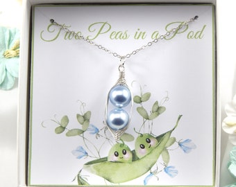 Two Blue Peas In A Pod Necklace,Peapod Necklace,Mother of Two Boys Necklace Gift